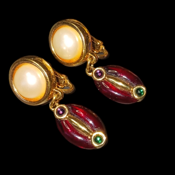 Swarovski Crystal and Pearl clip-on earrings multicolor Goldtone - Picture 2 of 6